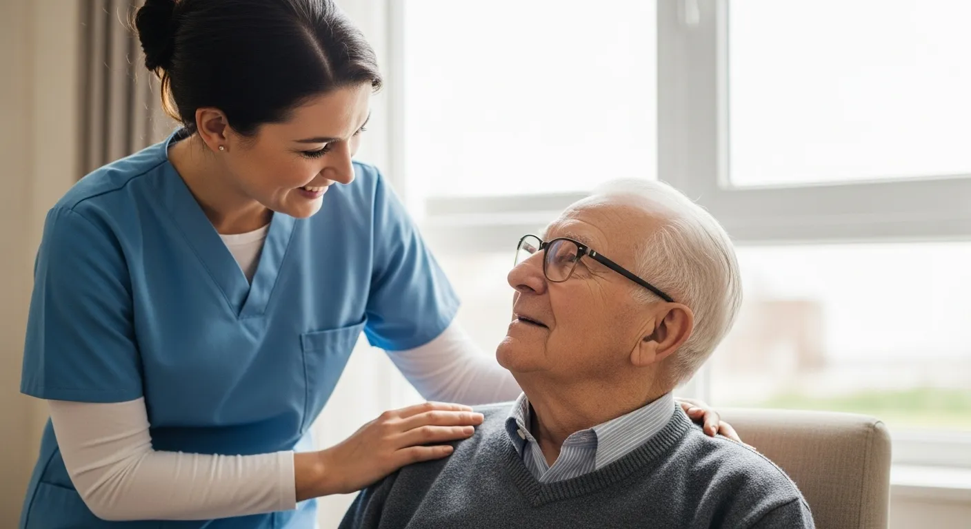 Caregiver smiling at elderly man indoors