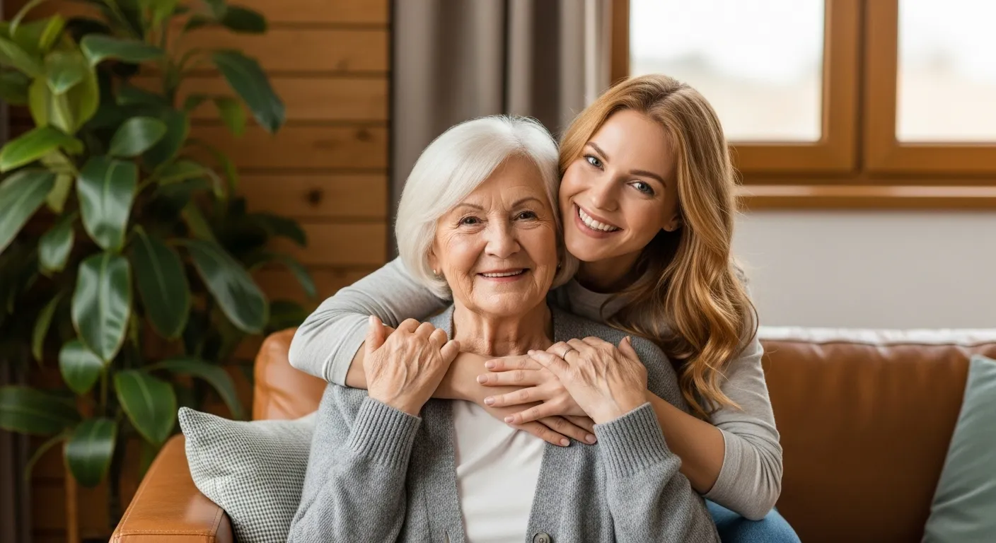 Daughter hugging elderly mother on couch