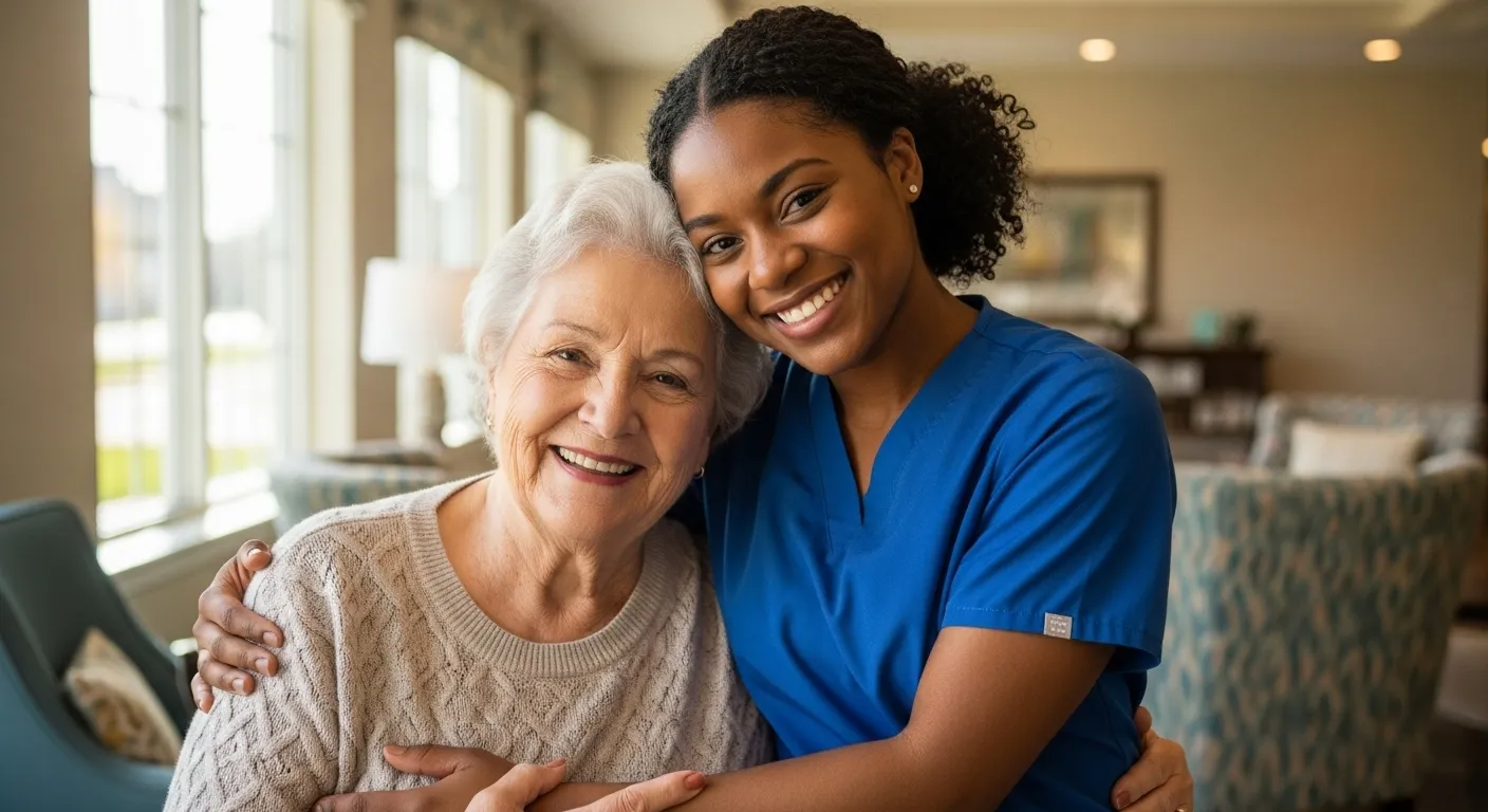 Caregiver hugging smiling elderly woman indoors
