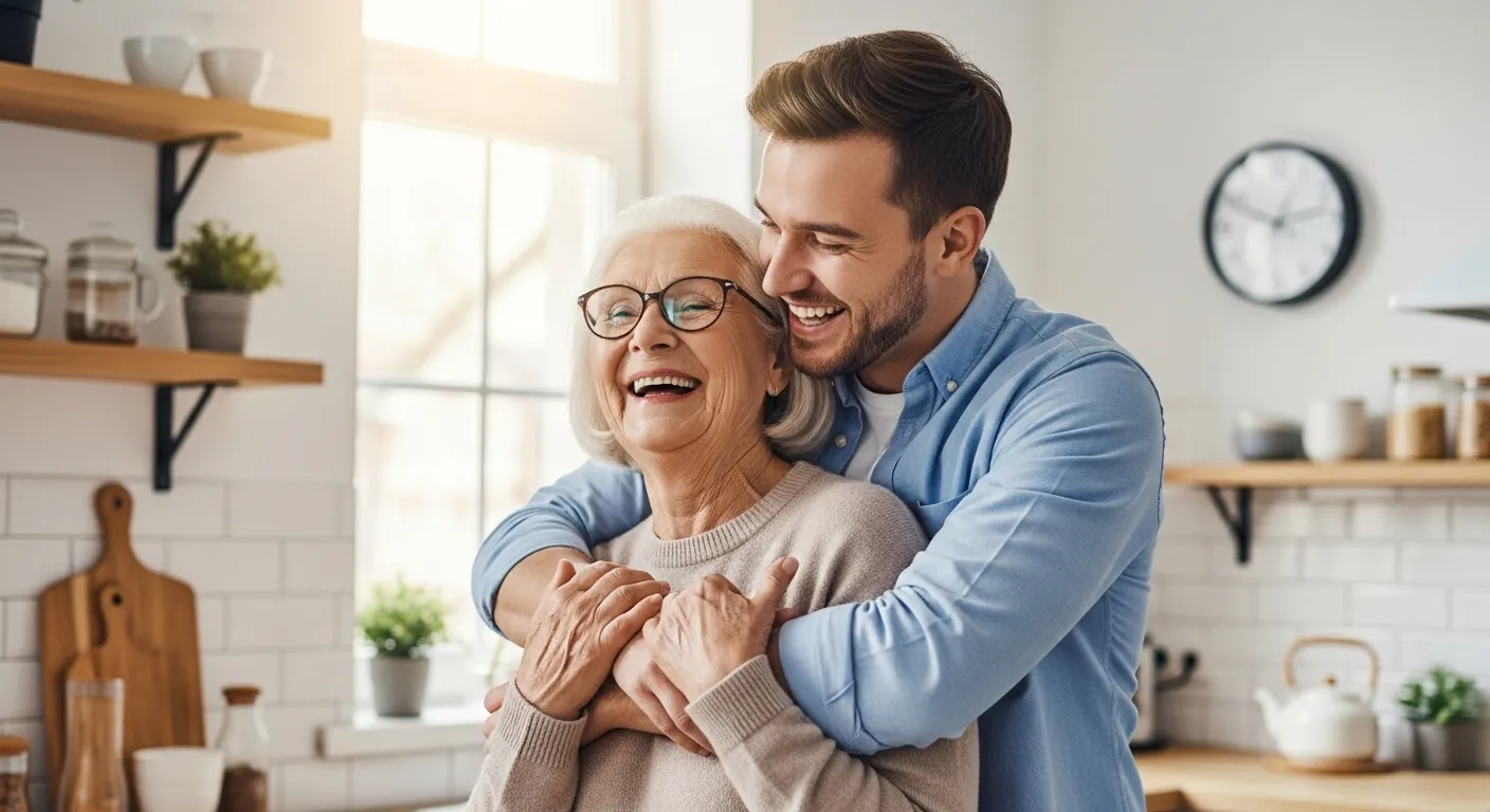 Young man hugging smiling elderly woman in kitchen