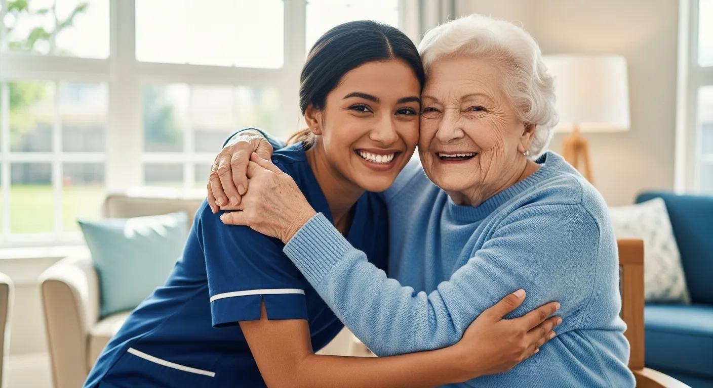 Caregiver hugging smiling elderly woman at home