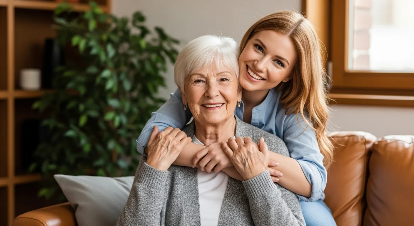 Young woman hugging smiling elderly woman on couch