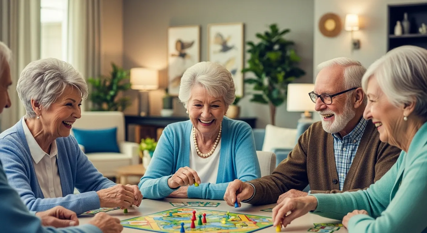 Seniors playing board game together at home