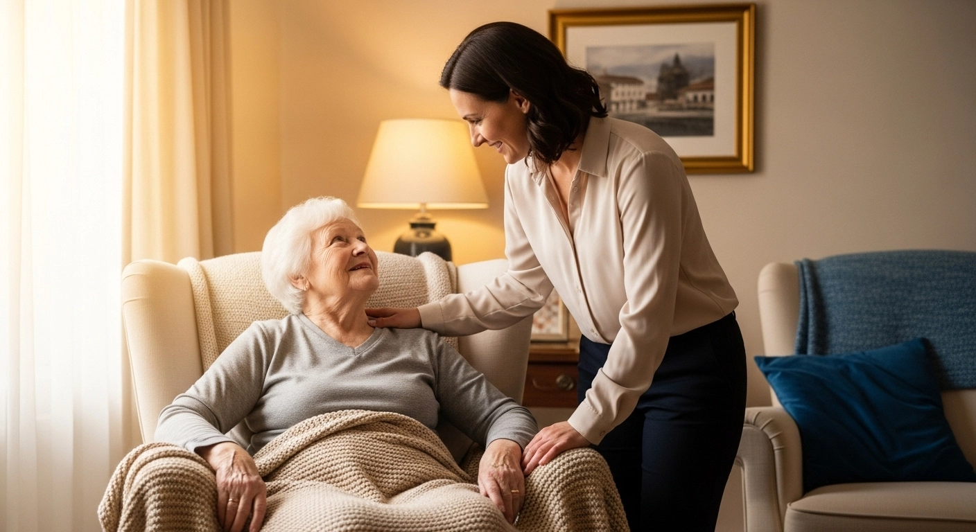 Caregiver comforting elderly woman in cozy living room