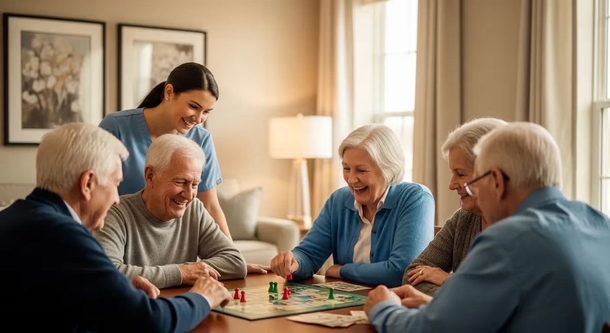 Seniors playing a board game with caregiver