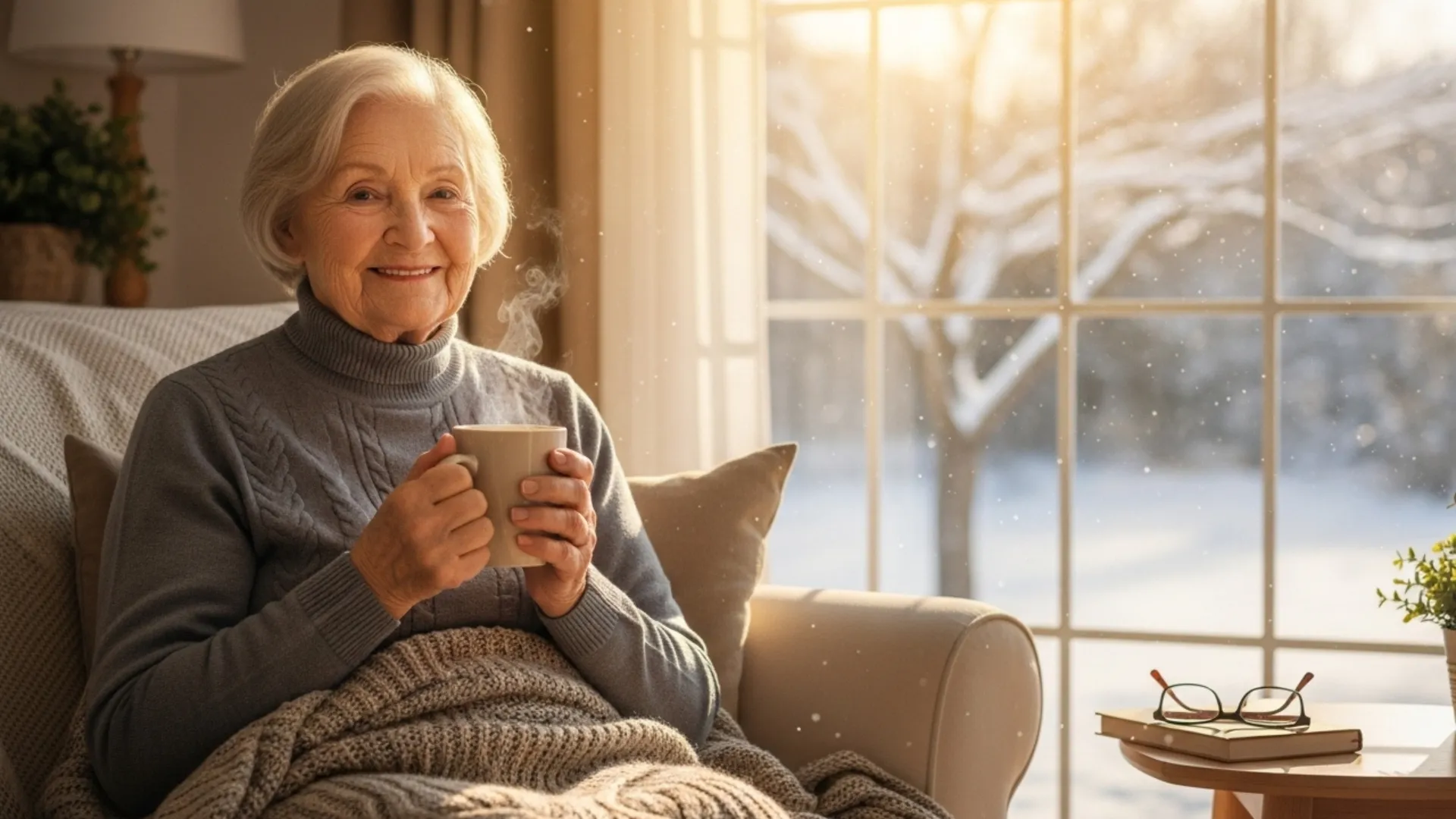 Elderly woman holding mug by snowy window