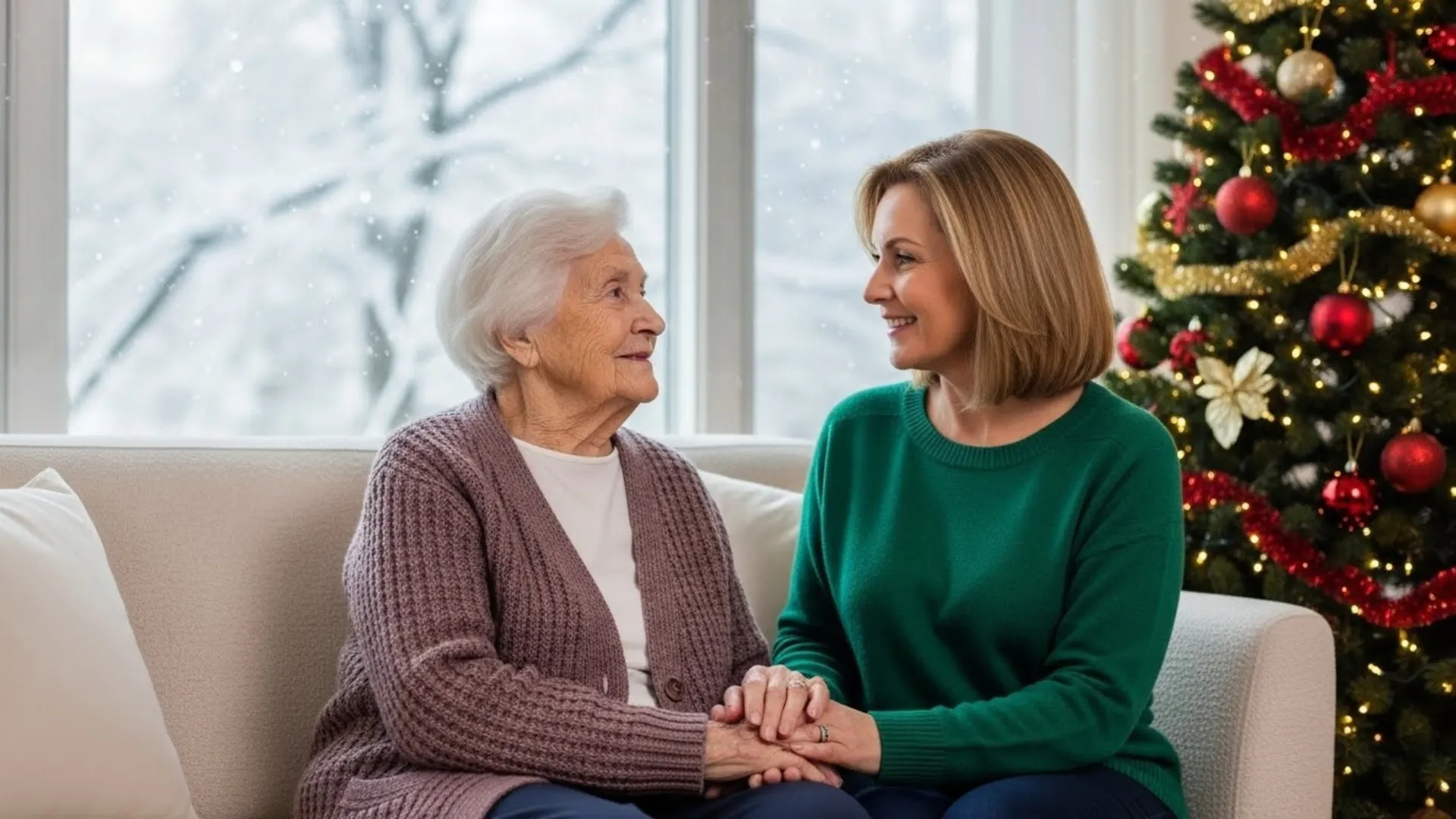 Daughter and elderly mother by Christmas tree
