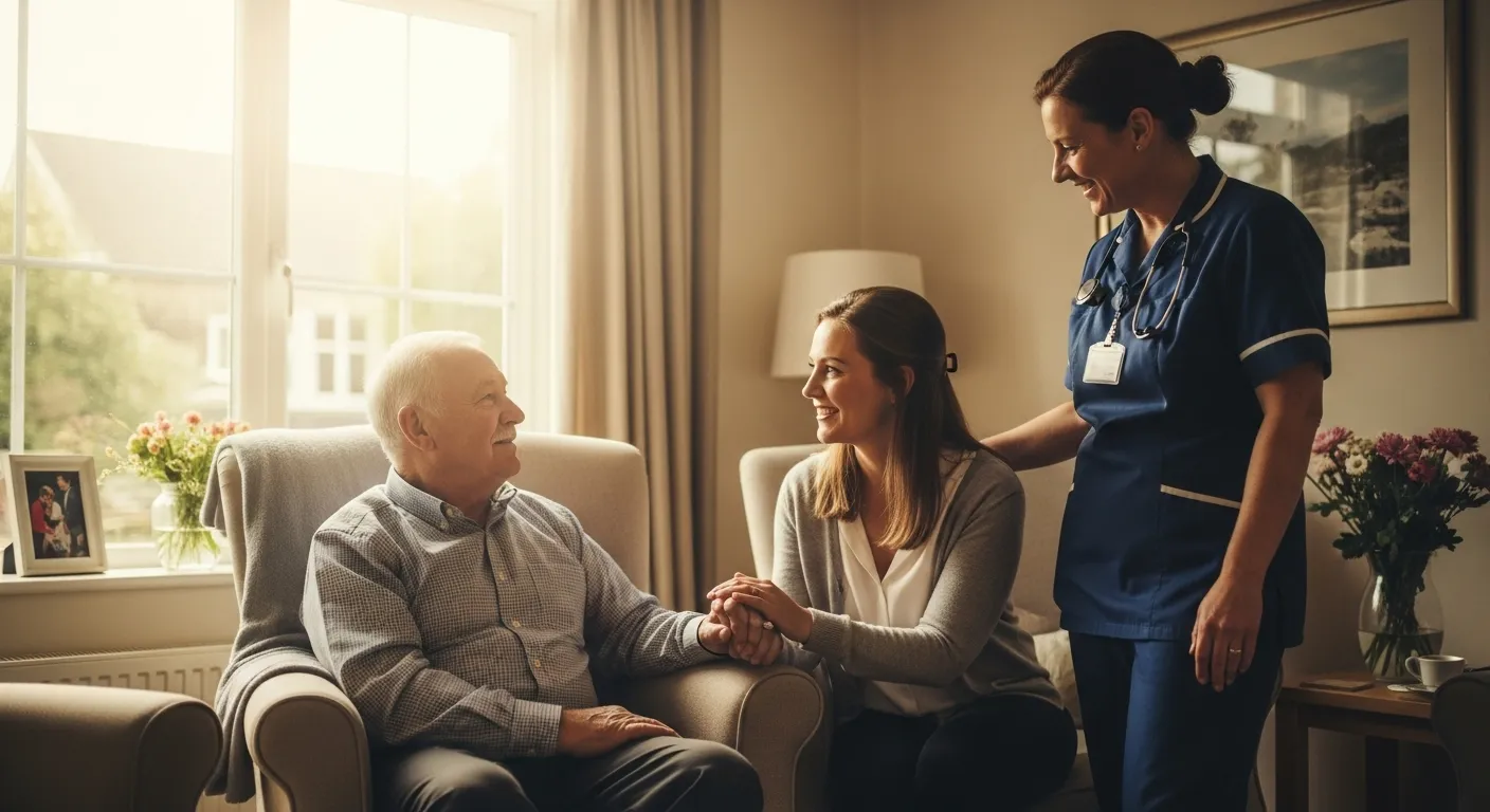 Nurse and woman comforting elderly man at home