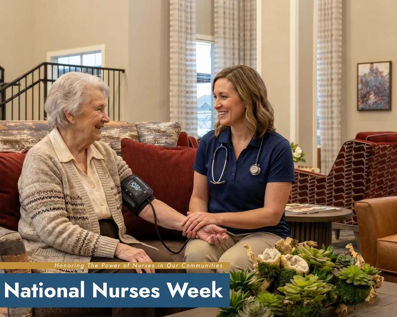 Nurse checking elderly woman's blood pressure at home