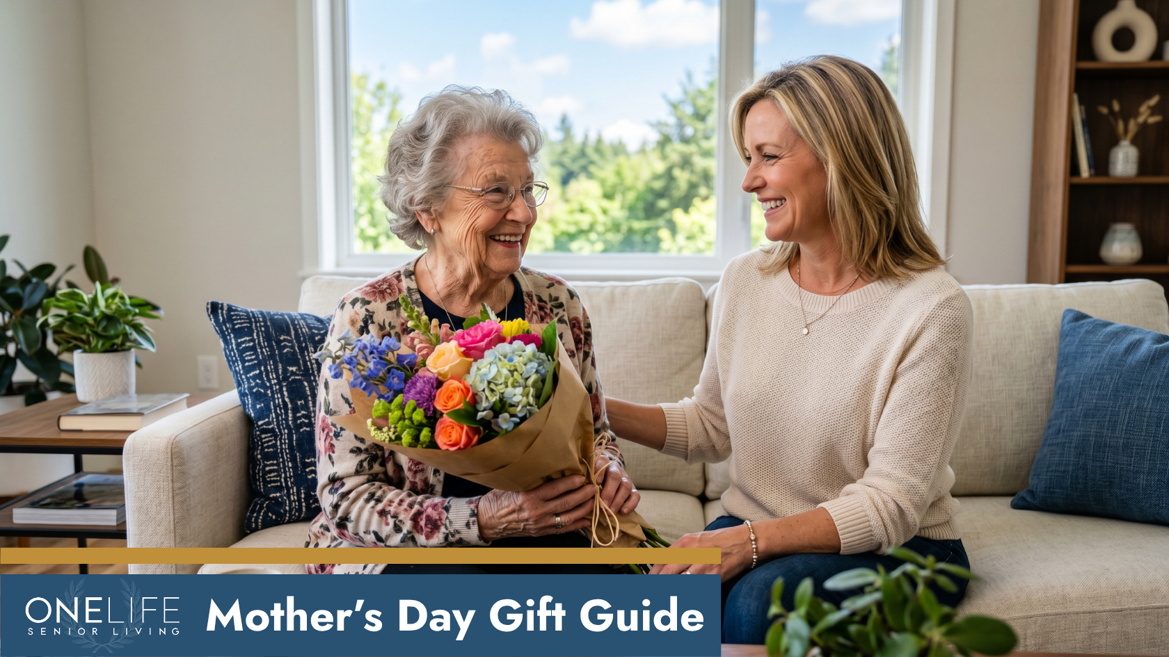 Daughter giving flowers to smiling elderly mother
