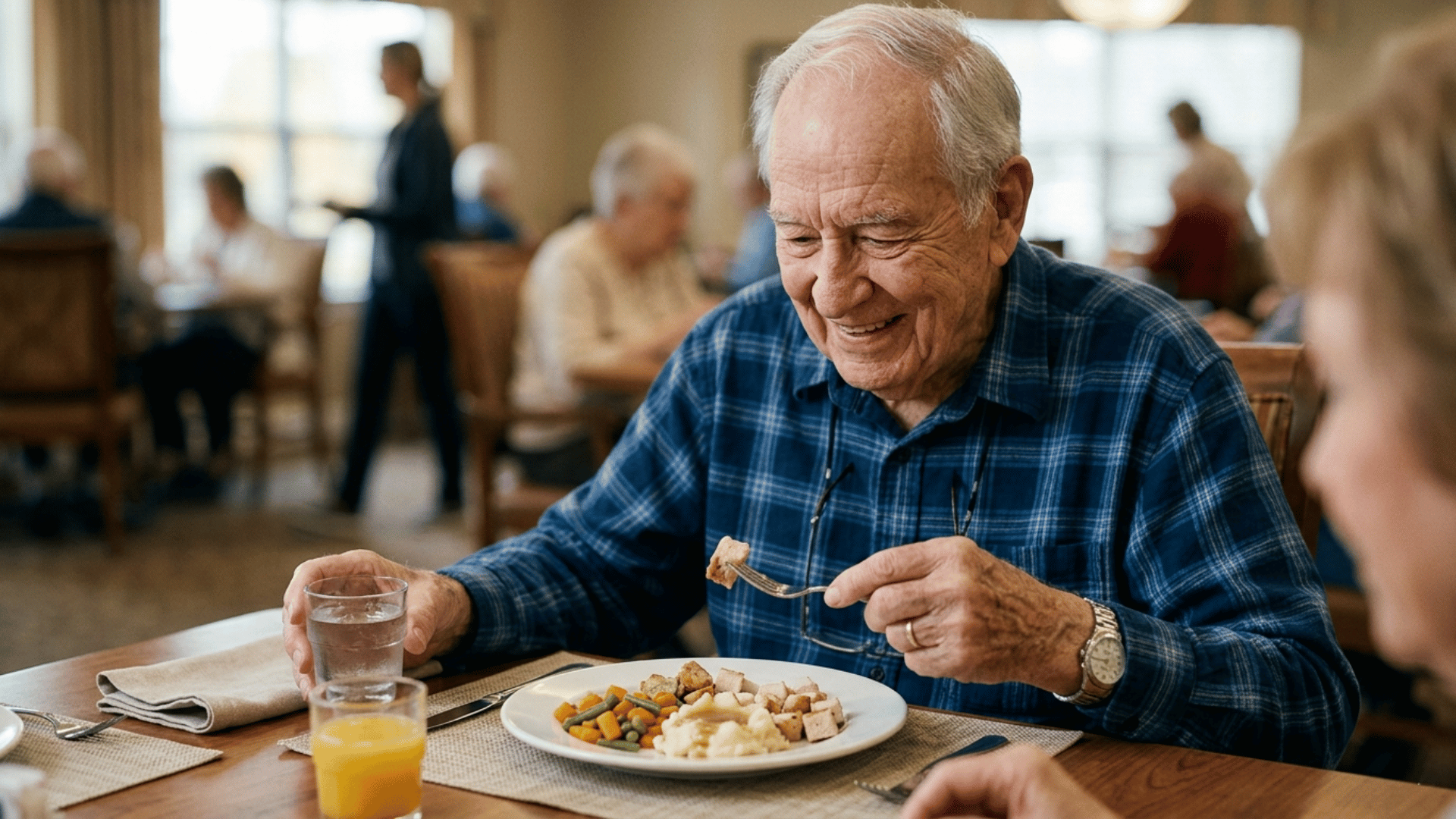 Smiling elderly man eating meal in dining hall