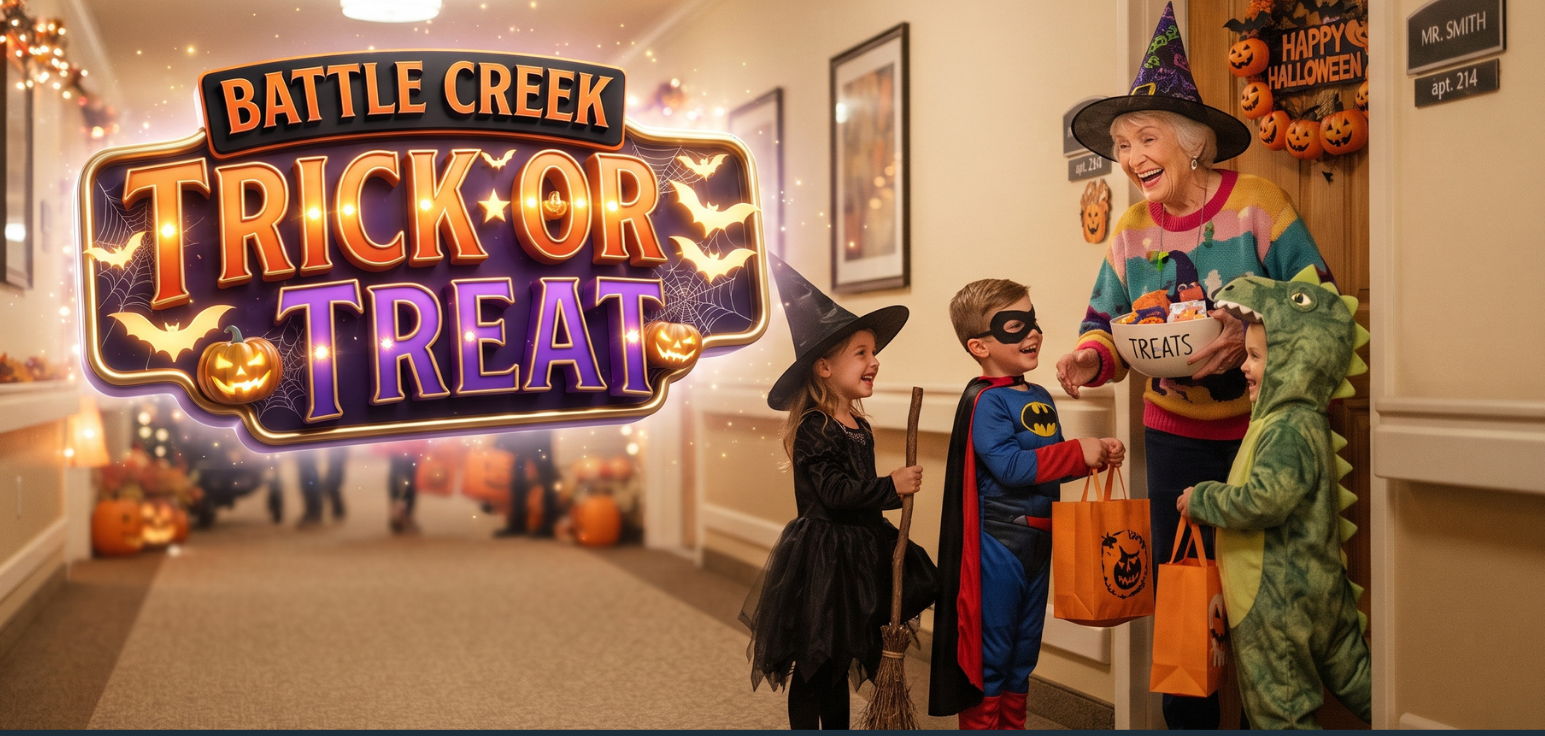 Battle Creek Memory Care Halloween trick-or-treat event flyer