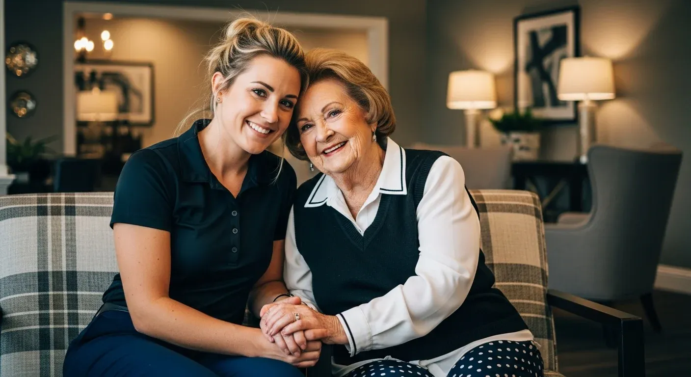 Caregiver and elderly woman smiling on couch