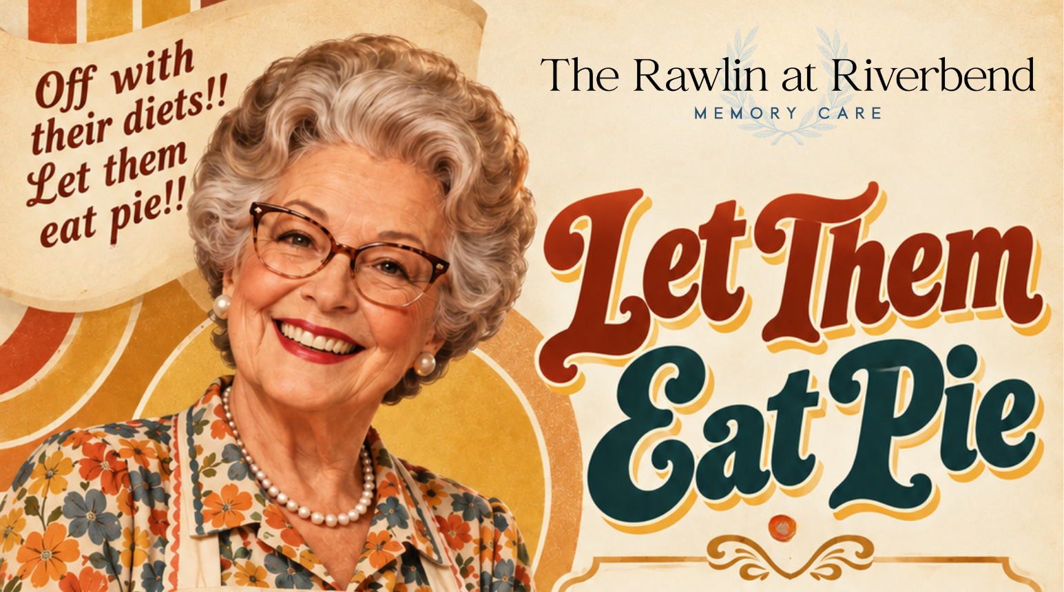 Vintage pie social flyer featuring smiling woman holding pie