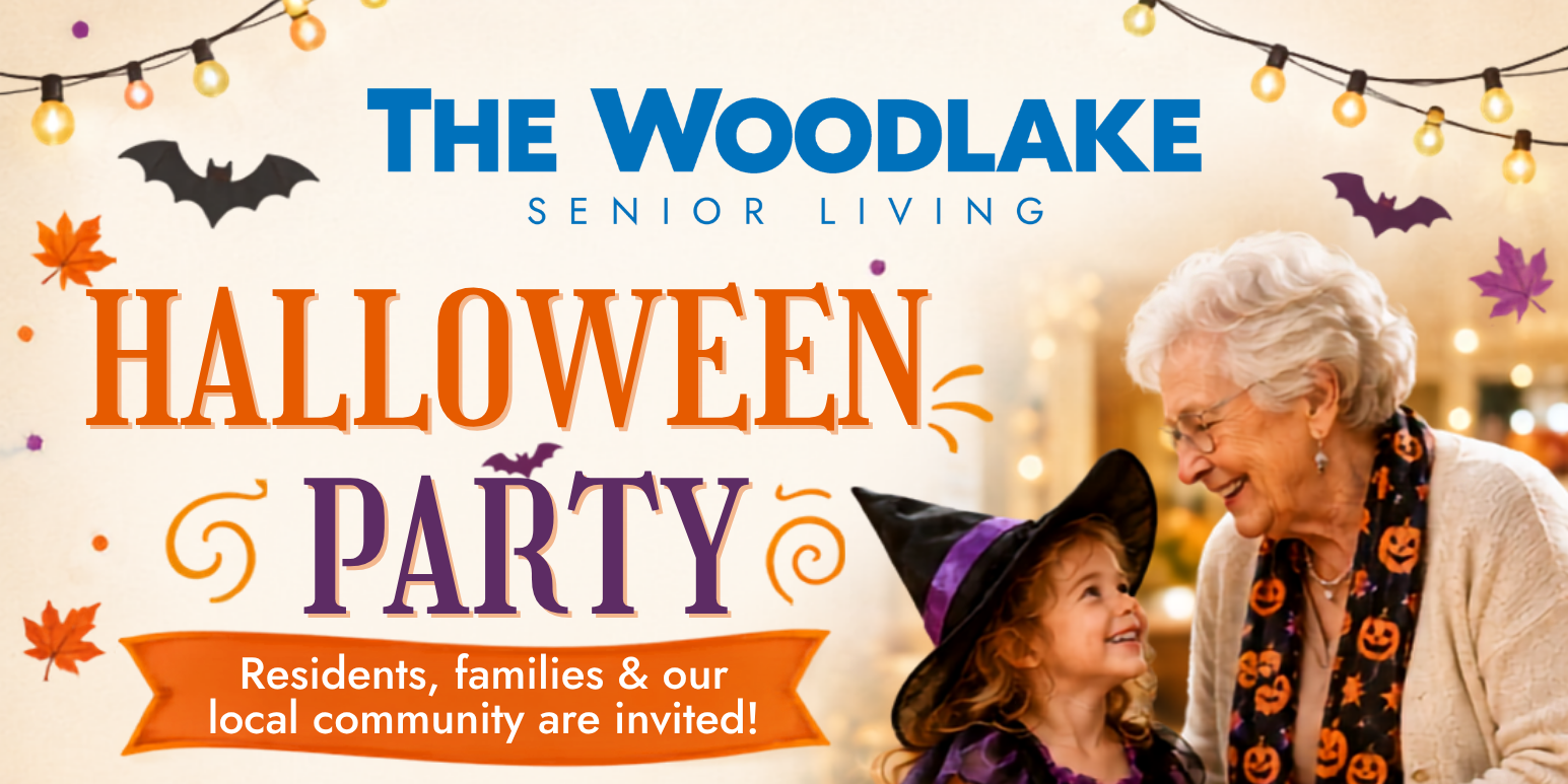 Woodlake Senior Living Halloween party flyer with event details
