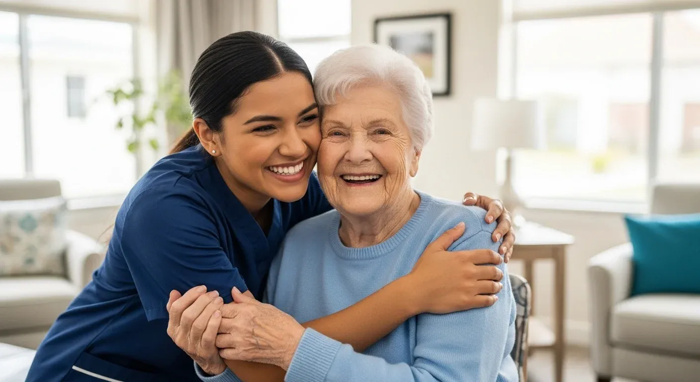 Caregiver hugging smiling elderly woman at home