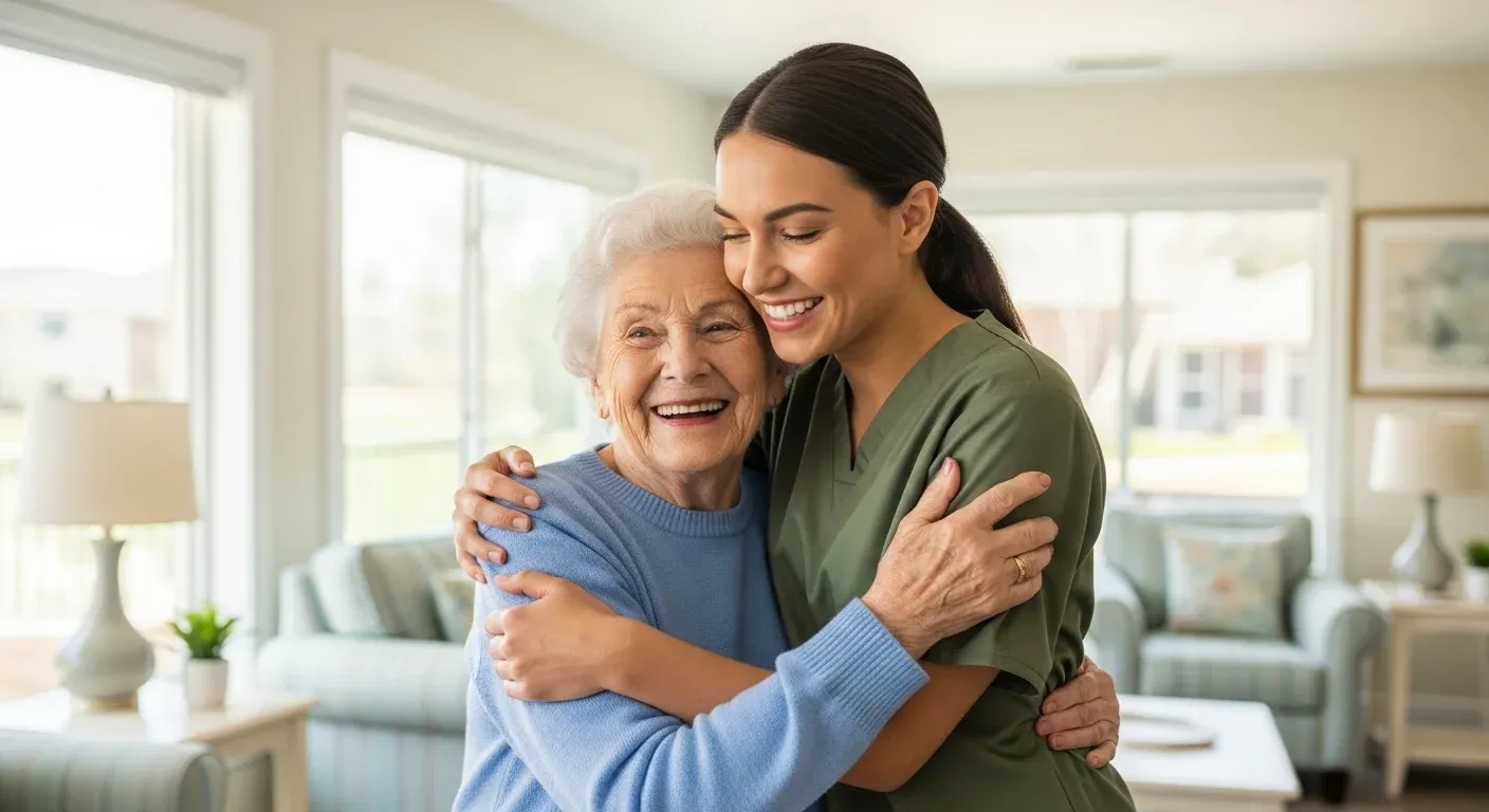 Caregiver hugging smiling elderly woman in living room