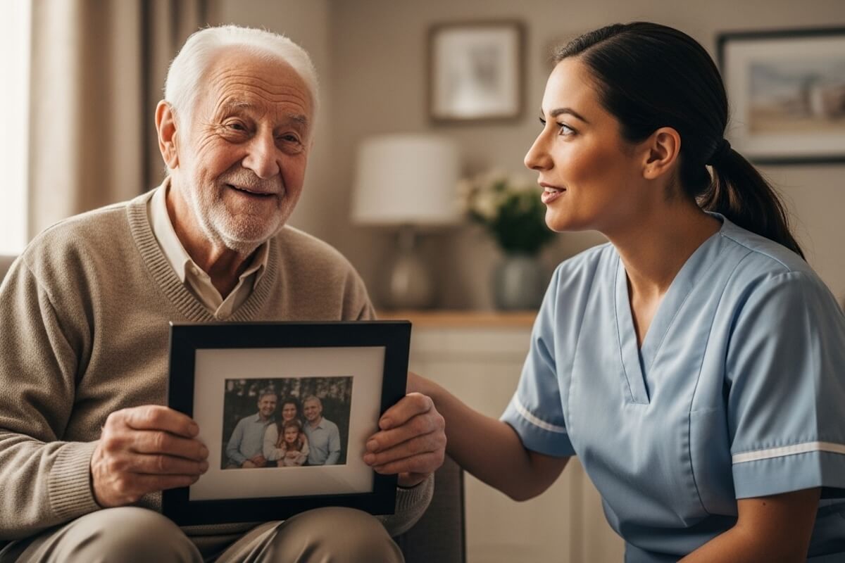 Caregiver talking with elderly man holding family photo