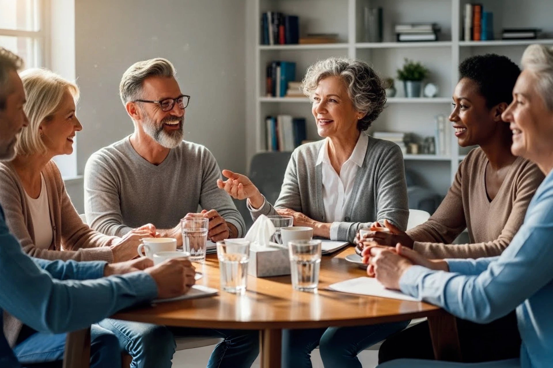 Group of adults chatting around a table